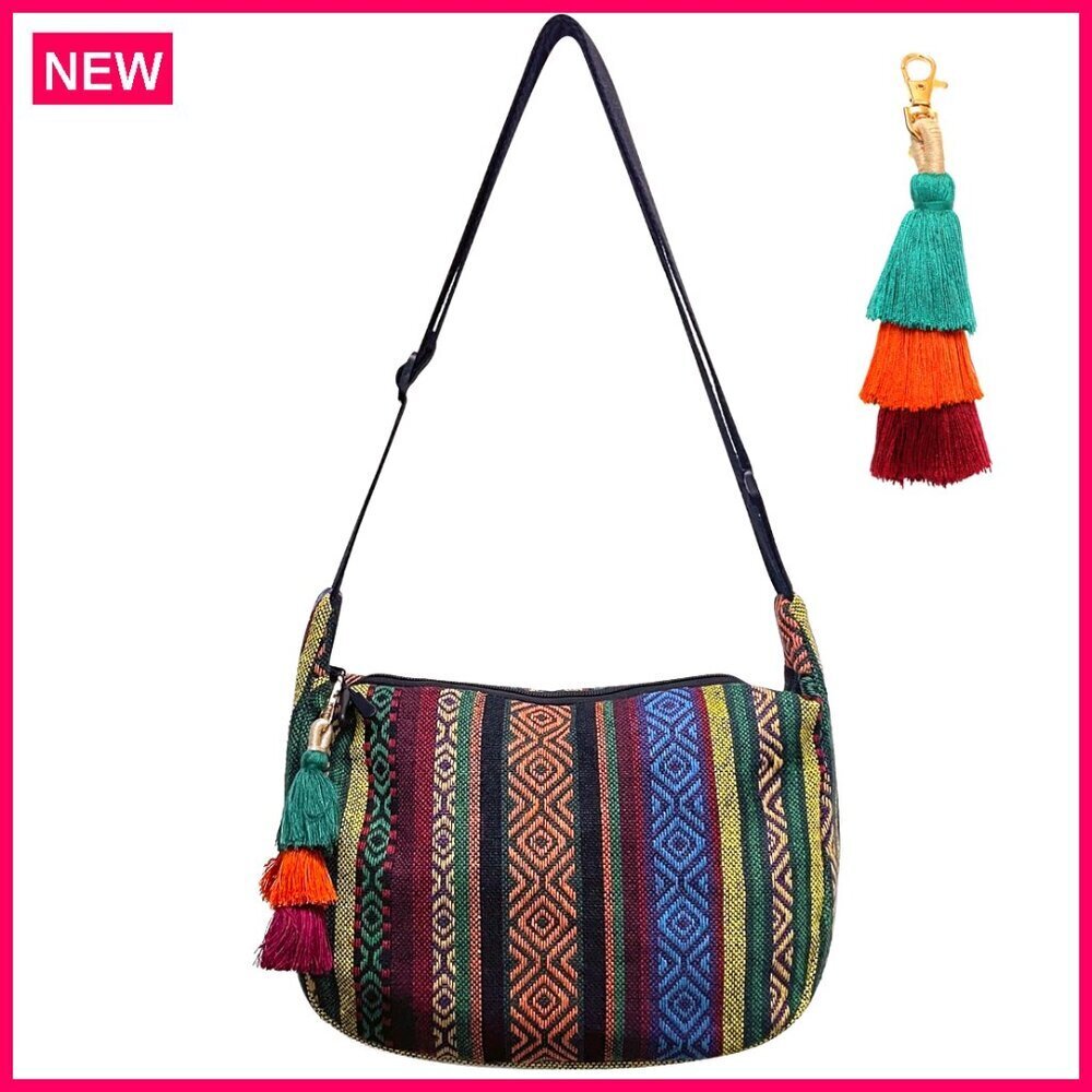 Small Woven Crossbody Bag with Adjustable Strap and Tassel Keychain